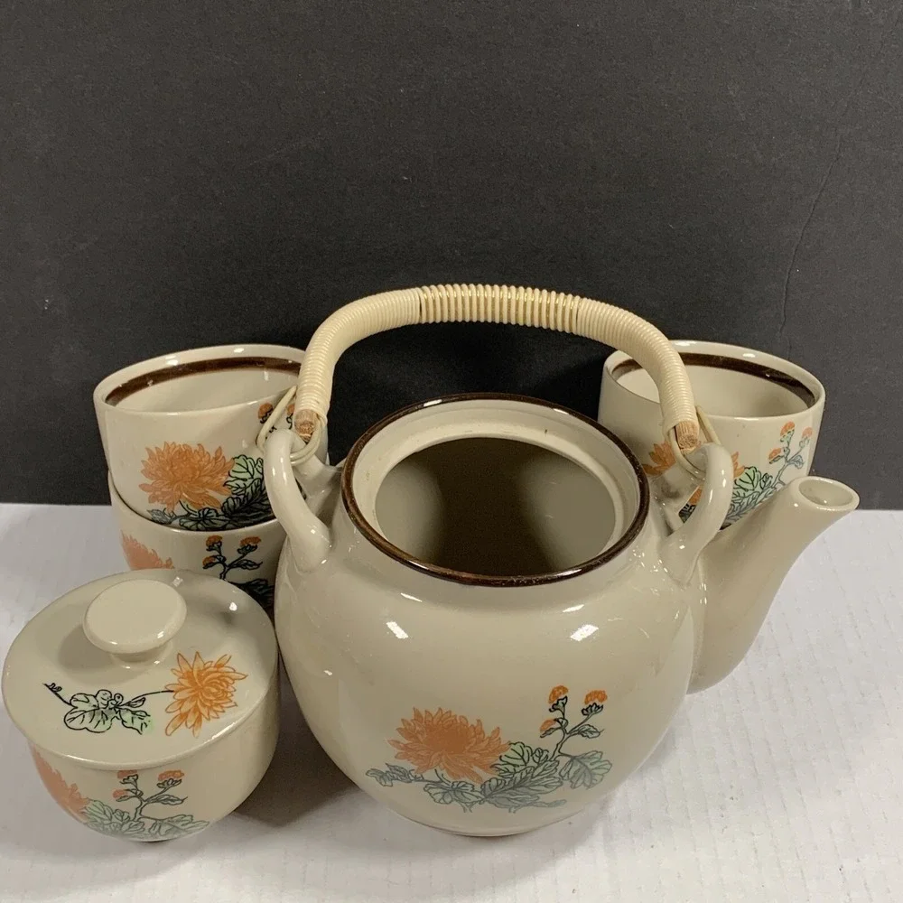 Japanese Tea Set Chrysanthemum Floral Teapot 5 Cups Japan Ceramic Boho Asian Vtg